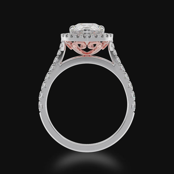 Pear shape diamond halo engagement ring with diamond set band 3d video 