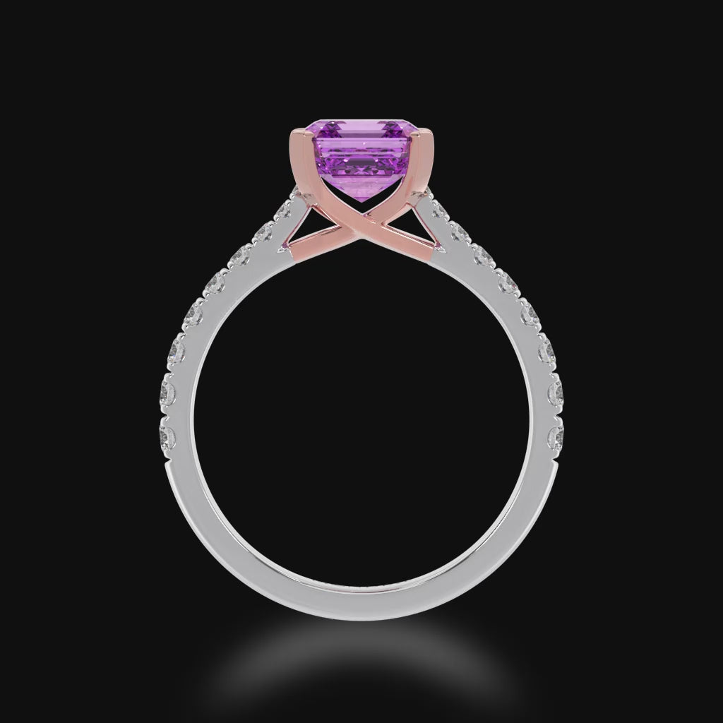 Asscher cut pink sapphire solitaire ring with diamond set band 3d video