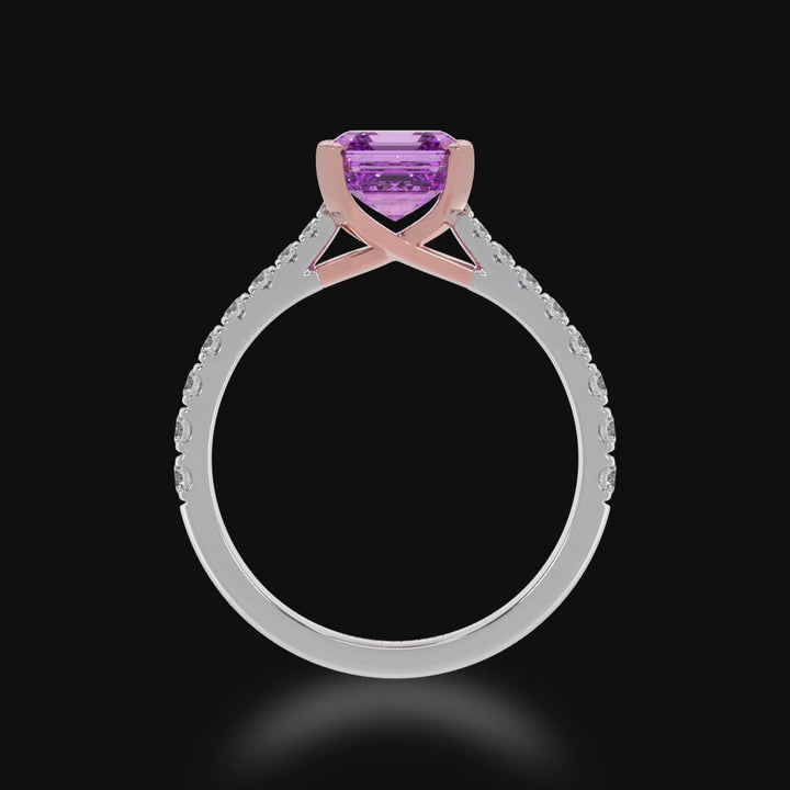 Asscher cut pink sapphire solitaire ring with diamond set band 3d video