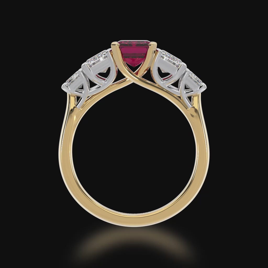 Five stone emerald cut ruby and diamond ring 3d video