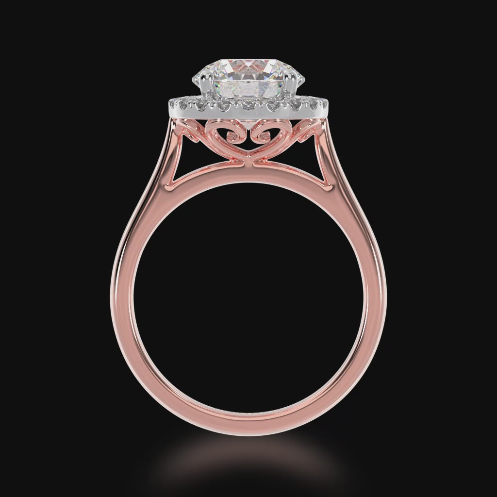 Round brilliant cut diamond halo on a rose gold band 3D Video