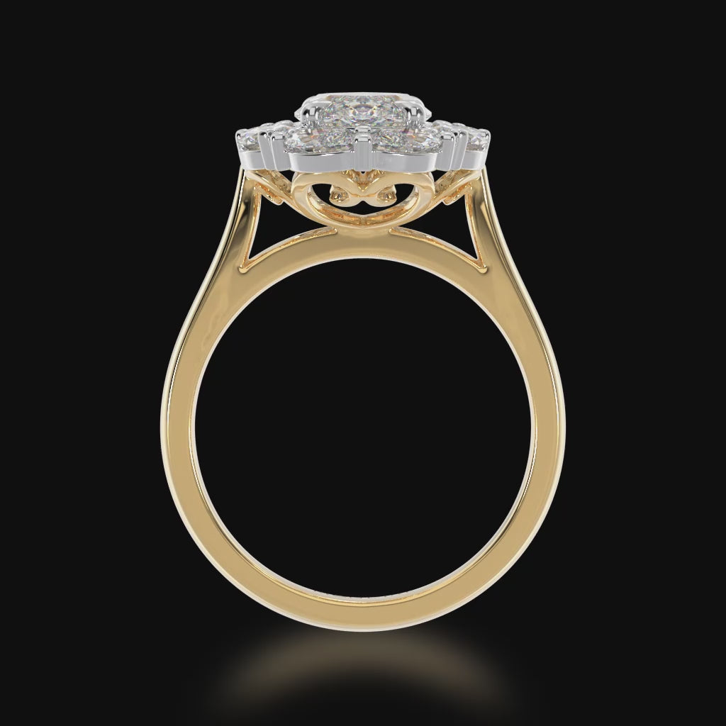 Marquise cut diamond cluster ring on yellow gold band 3d video