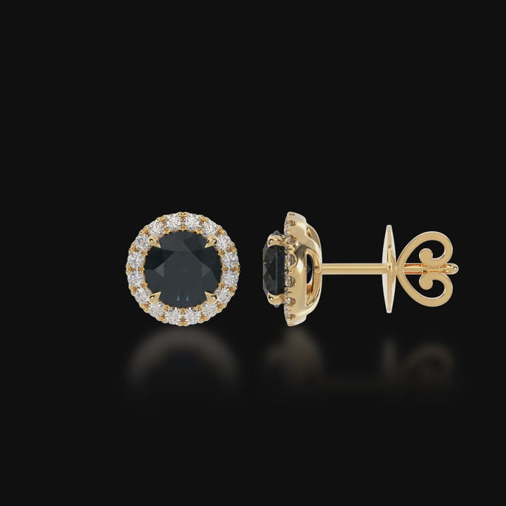 Round brilliant cut black sapphire and diamond halo stud earrings 3d video