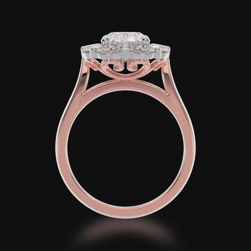 The Mondial by Nadia Cluster Oval diamond ring surrounded by an oval halo on rose gold band 3D video.