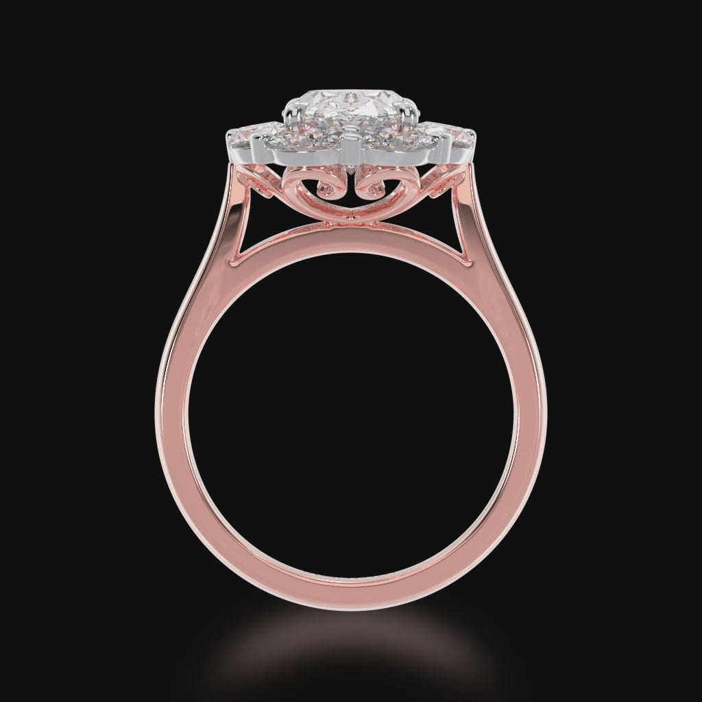 The Mondial by Nadia Cluster Oval diamond ring surrounded by an oval halo on rose gold band 3D video.