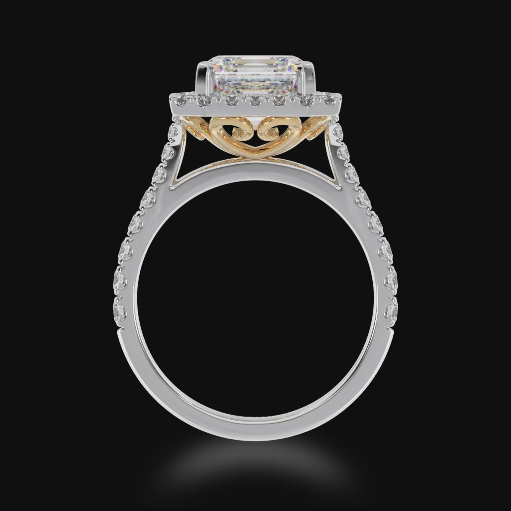Asscher cut diamond halo engagement ring with diamond set band