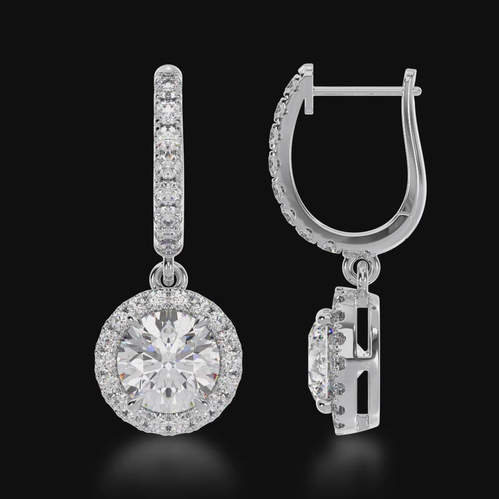 Round brilliant cut diamond drop halo earrings on a diamond set huggie 3d video