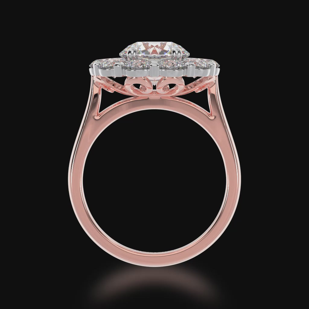 Round brilliant cut diamond cluster ring on a rose gold band 3d video