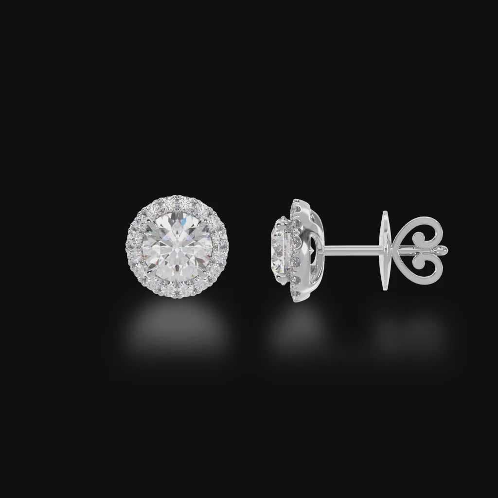 Round brilliant cut diamond halo studs 3d video