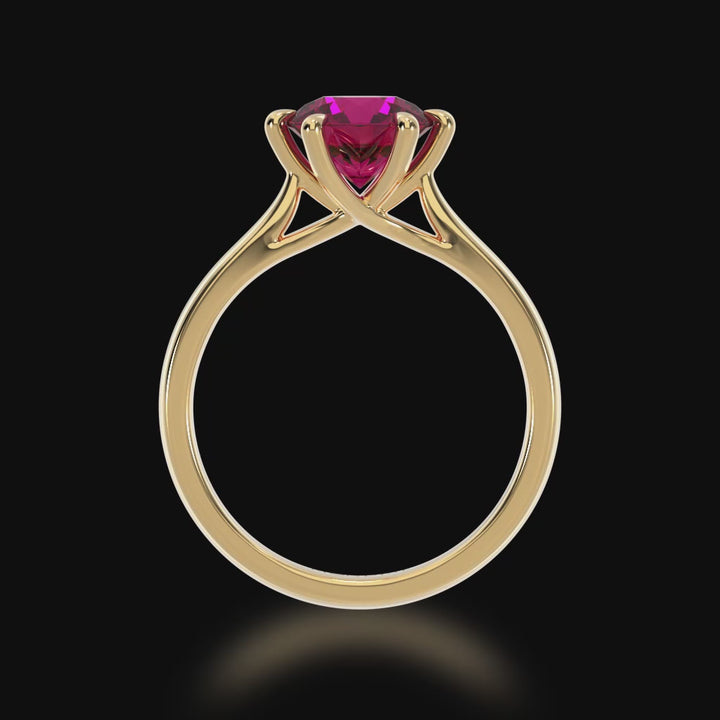Brilliant cut ruby solitaire on a yellow gold band 3d video