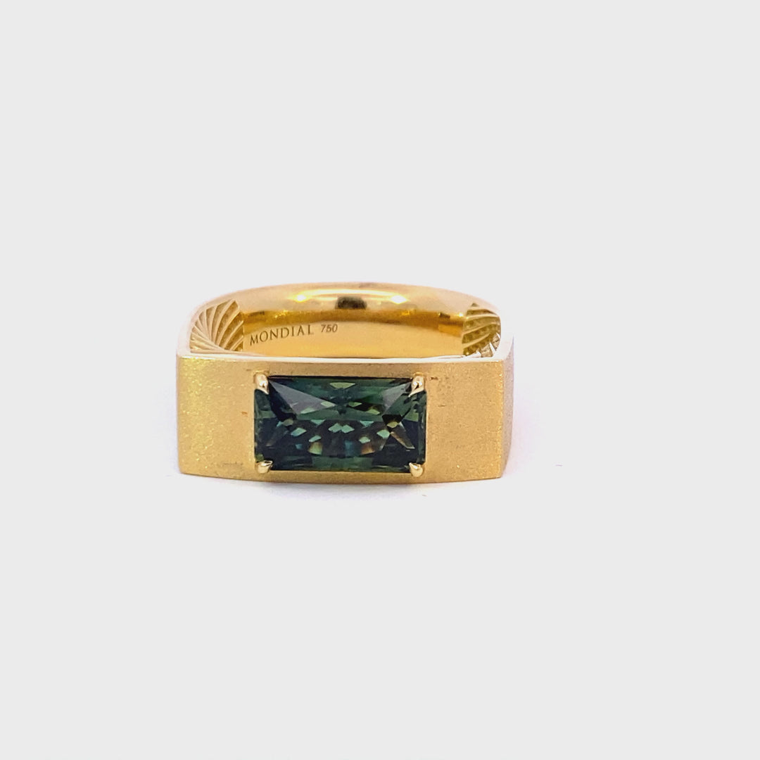Green Parti Sapphire set in a yellow gold signet ring with a cross hatched profile video