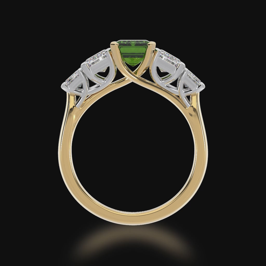 Five stone emerald cut green sapphire and diamond ring on a yellow band 3d video