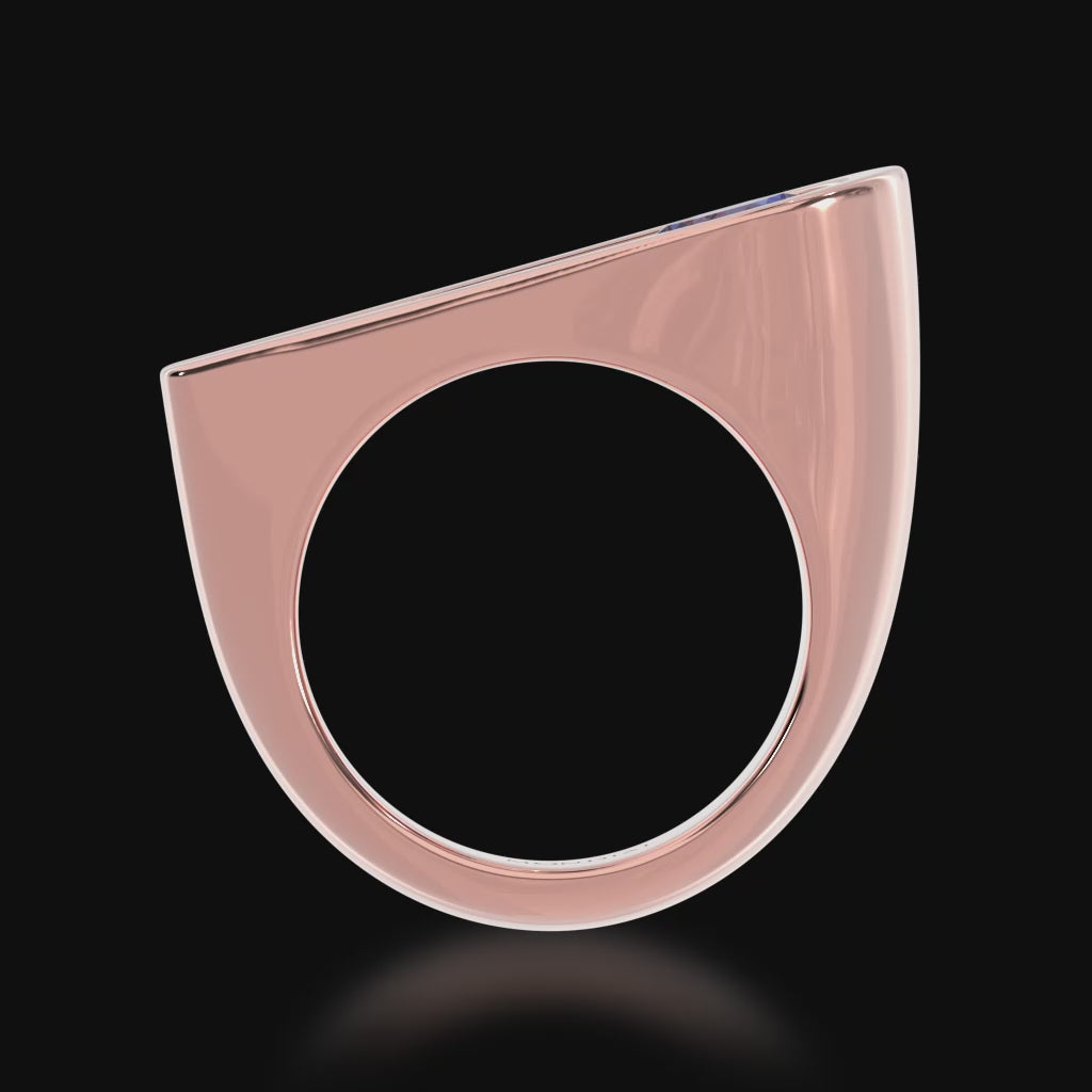 The Mondial by Nadia Retro design round brilliant cut blue Sapphire engagement ring in rose gold 3d video.