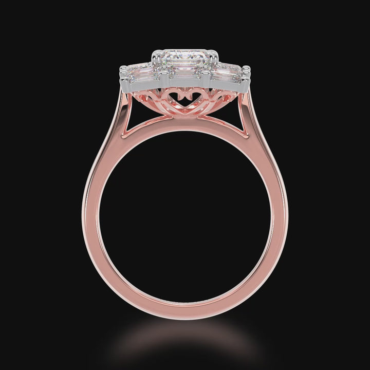 Emerald cut diamond cluster ring on rose gold band