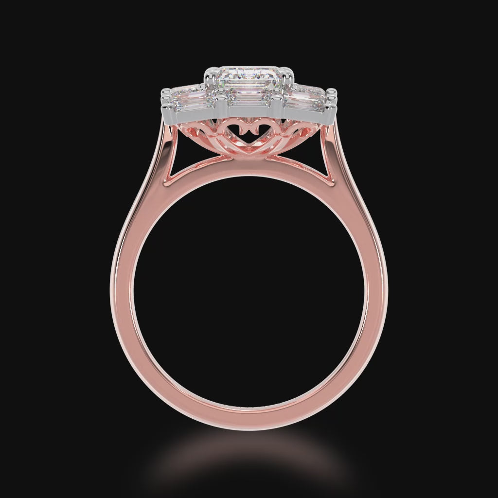 Video of the Emerald cut diamond cluster ring on rose gold band.