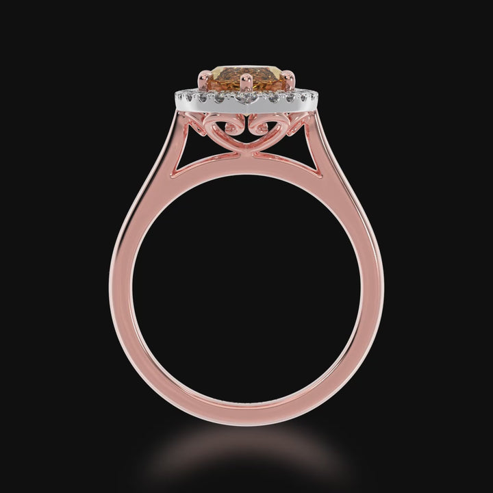 Marquise cut champagne diamond halo engagement ring on rose gold band 3d video