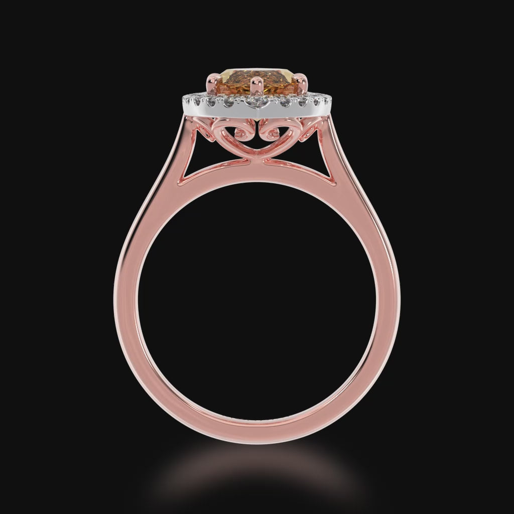 Marquise cut champagne diamond halo engagement ring on rose gold band 3d video