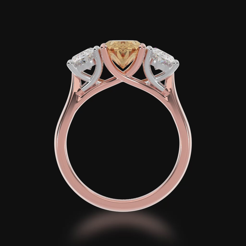 Trilogy oval cut champagne and diamond ring on rose gold band 3d video
