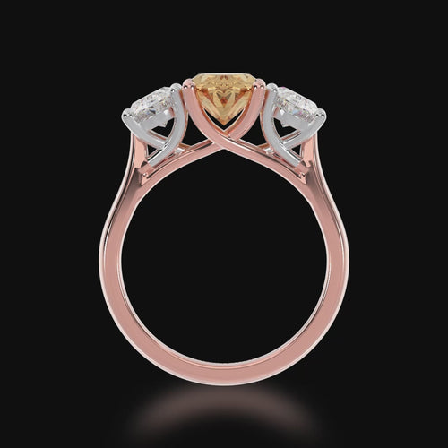 Trilogy oval cut champagne and diamond ring on rose gold band 3d video.