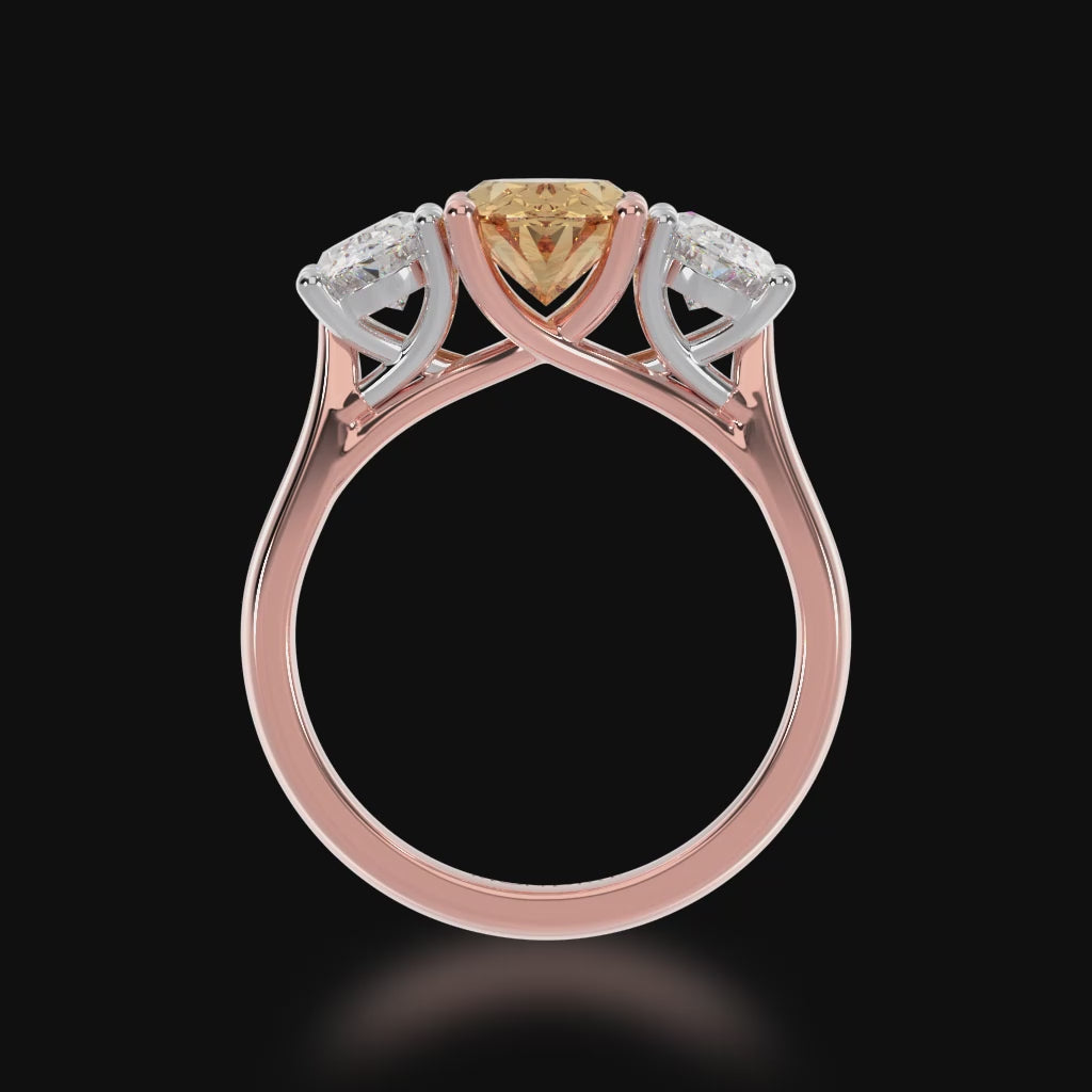 Trilogy oval cut champagne and diamond ring on rose gold band 3d video.