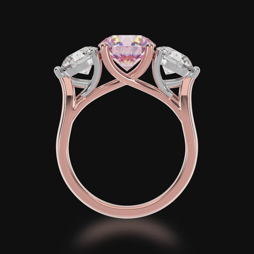 Trilogy round brilliant cut pink sapphire and diamond ring on rose gold band 3d video