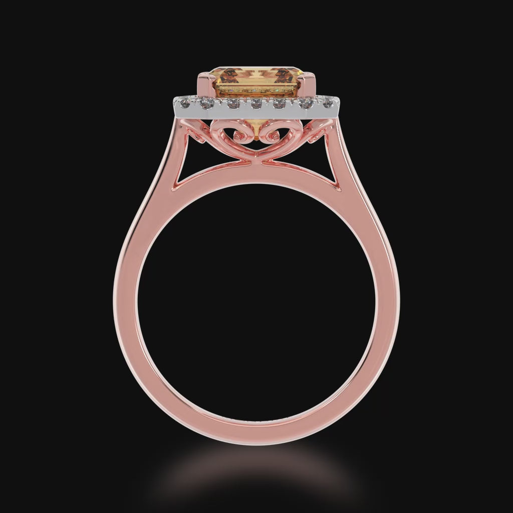 Asscher cut champagne diamond halo ring on rose gold band 3d video