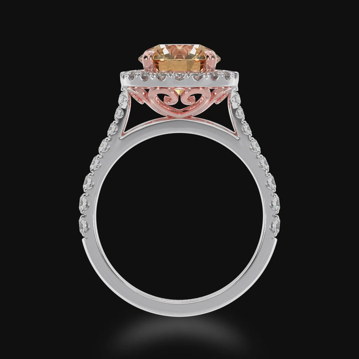 Round brilliant cut champagne diamond halo engagement ring with diamond set band