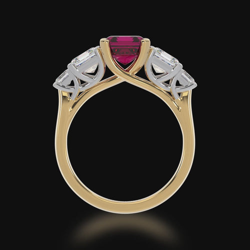 Asscher cut Ruby and Diamond 5 stone ring on yellow gold band