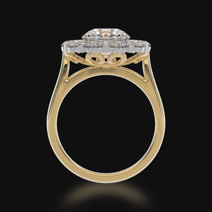 Round brilliant cut diamond cluster ring on yellow gold band 3d video