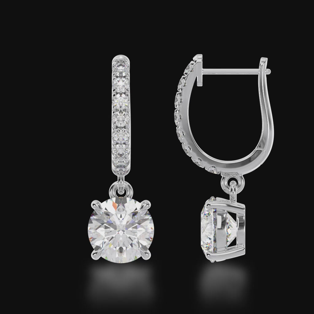 Round brilliant cut diamond drop earrings with diamond claw set huggies 3d video
