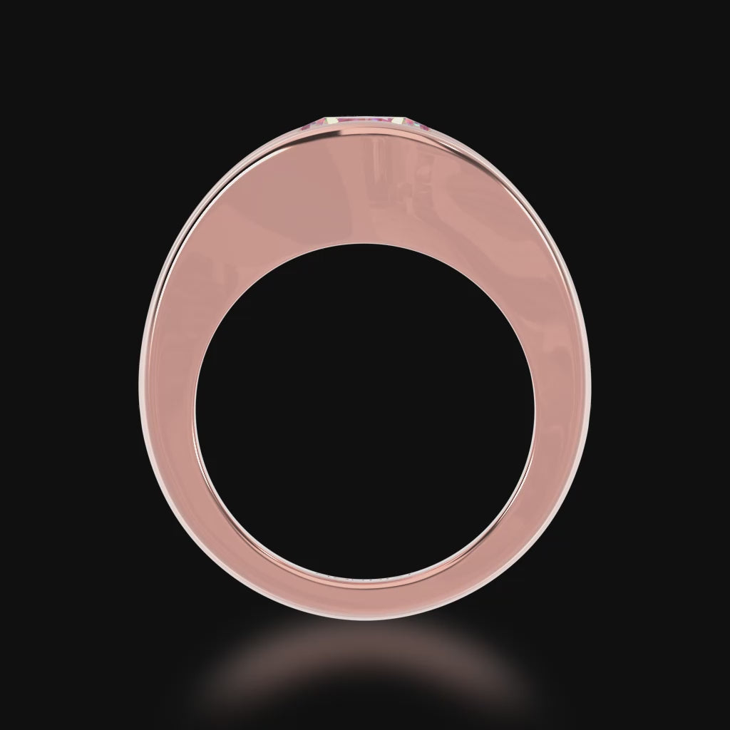 Flame design round brilliant cut pink sapphire and diamond five stone ring in rose gold 3d video