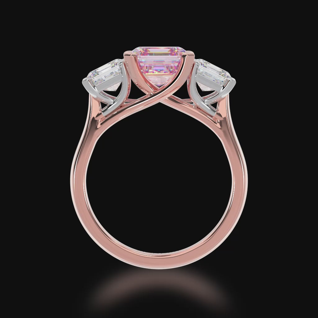 Trilogy asscher cut pink sapphire and diamond ring on rose gold band 3d video