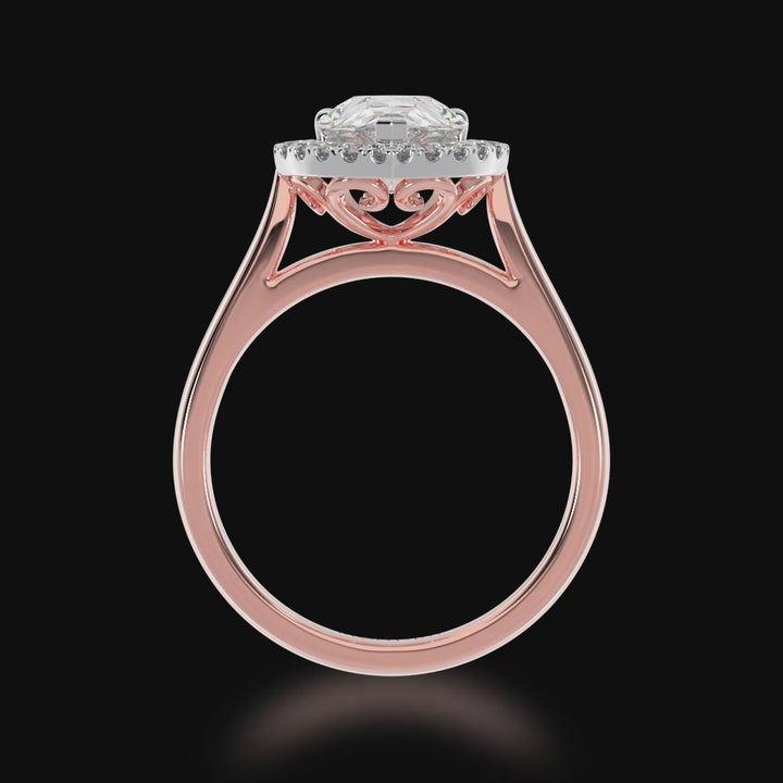 Pear shape diamond halo engagement ring on rose band 3d video