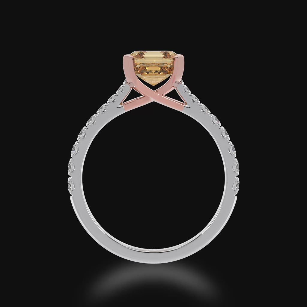 Asscher cut champagne diamond solitaire ring with diamond set band