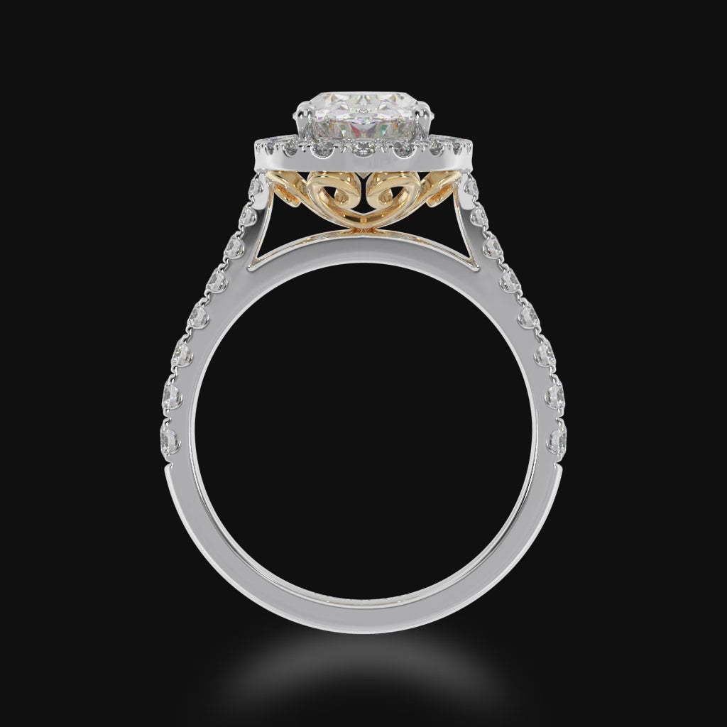 Oval cut diamond halo ring with diamond set band