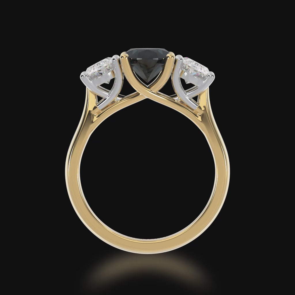 Trilogy oval cut black sapphire and diamond ring on yellow gold band 3d video