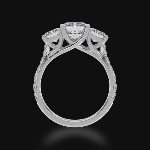 Emerald cut diamond trilogy ring with a diamond set band 3d video