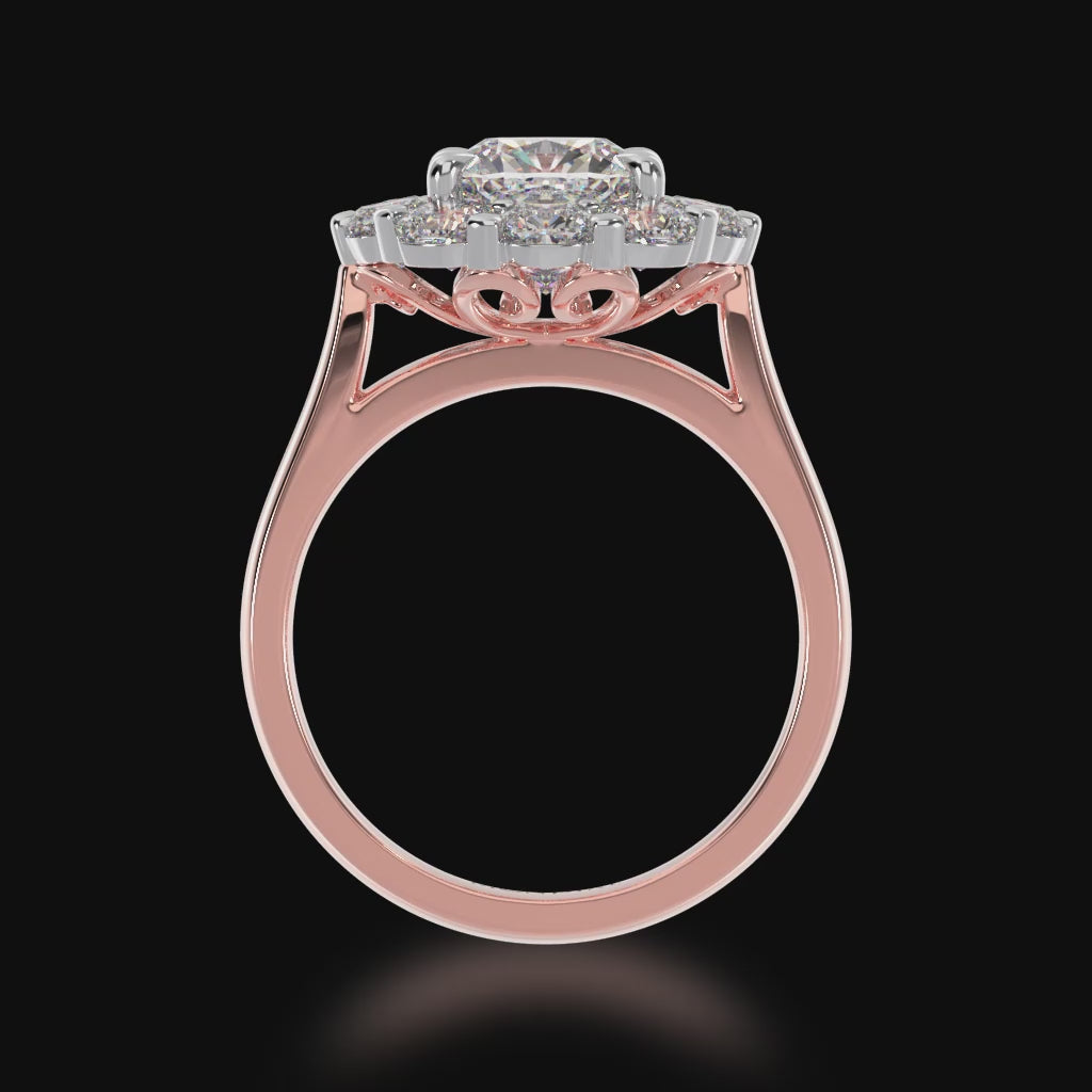 Cushion cut diamond cluster ring on a rose gold band 3d video