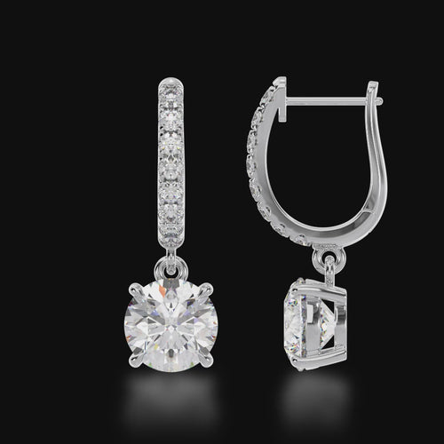 Round brilliant cut diamond drop earrings on a diamond set huggie