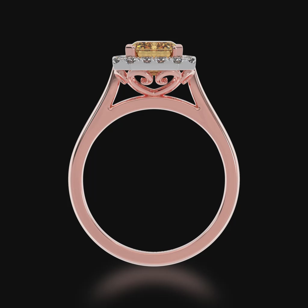 Emerald cut champagne diamond halo ring on rose gold band 3d video