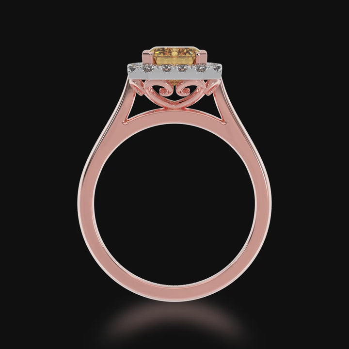 Emerald cut champagne diamond halo ring on rose gold band 3d video