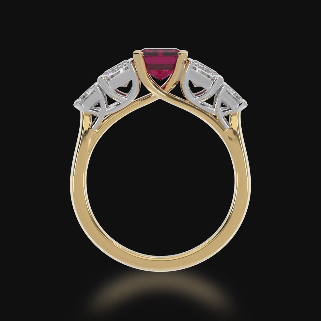 Five stone emerald cut ruby and diamond ring on a yellow gold band 3d view 