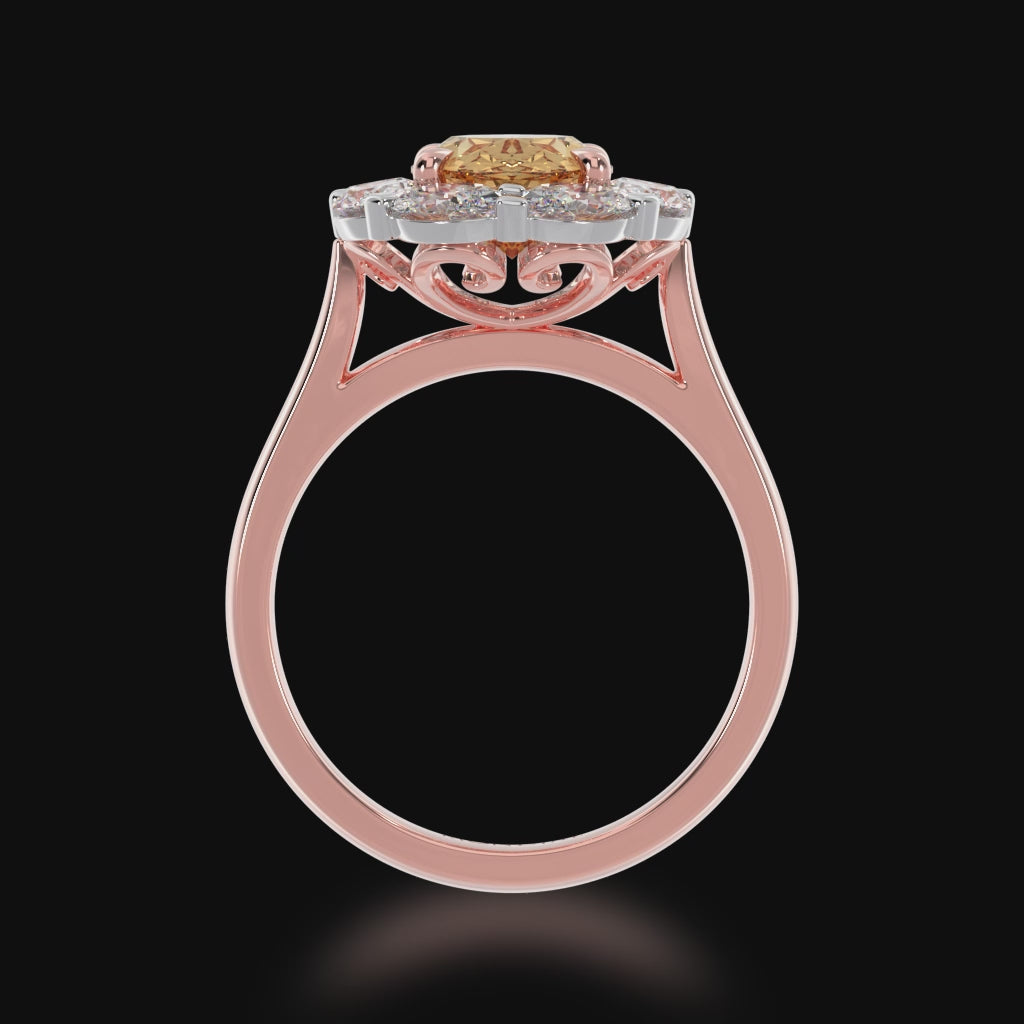 Oval cut champagne diamond cluster ring on rose gold band 3d video