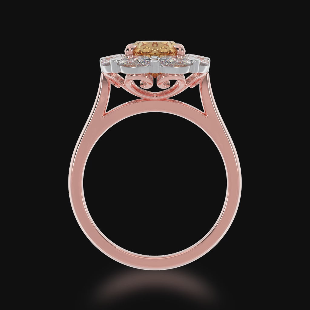 The Mondial by Nadia oval cut engagement ring with champagne diamond cluster ring on rose gold band 3d video.