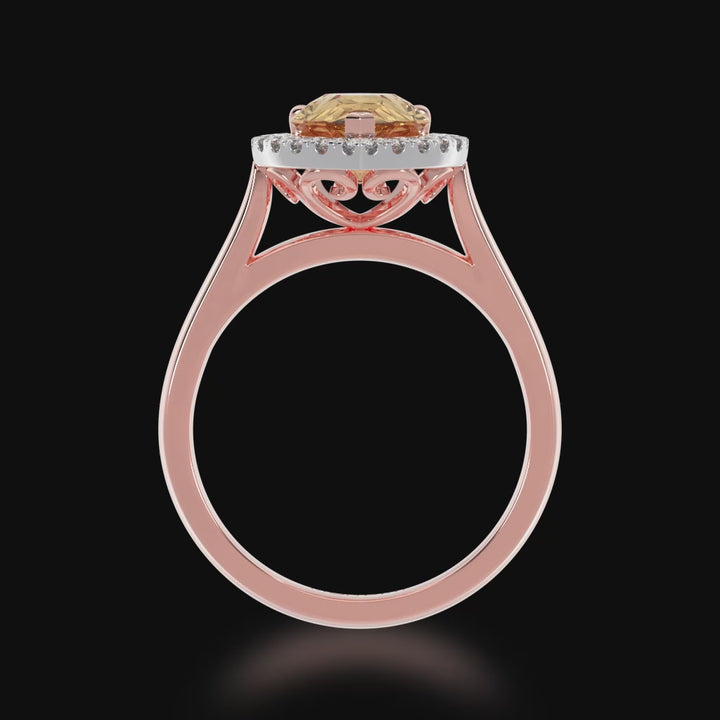 Pear shaped champagne diamond halo ring on rose gold band video