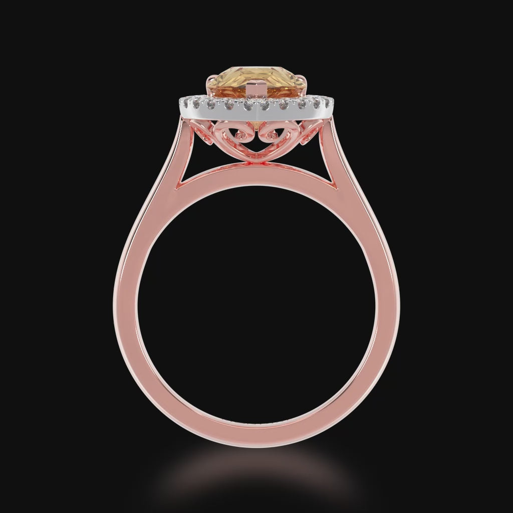 Pear shaped champagne diamond halo ring on rose gold band video