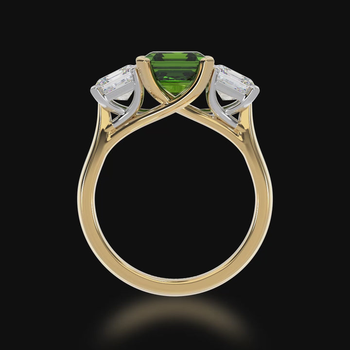 Trilogy asscher cut green sapphire and diamond ring on yellow gold band 3d view
