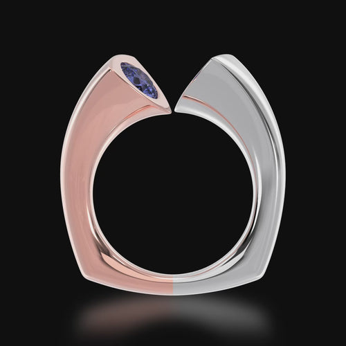 Video of the Mondial by Nadia Devotion design round brilliant cut blue sapphire engagement ring with diamonds in rose and white gold.