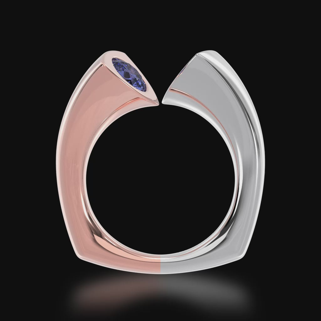 Video of the Mondial by Nadia Devotion design round brilliant cut blue sapphire engagement ring with diamonds in rose and white gold.