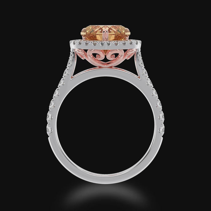 Heart shape champagne diamond halo ring with diamond set band video